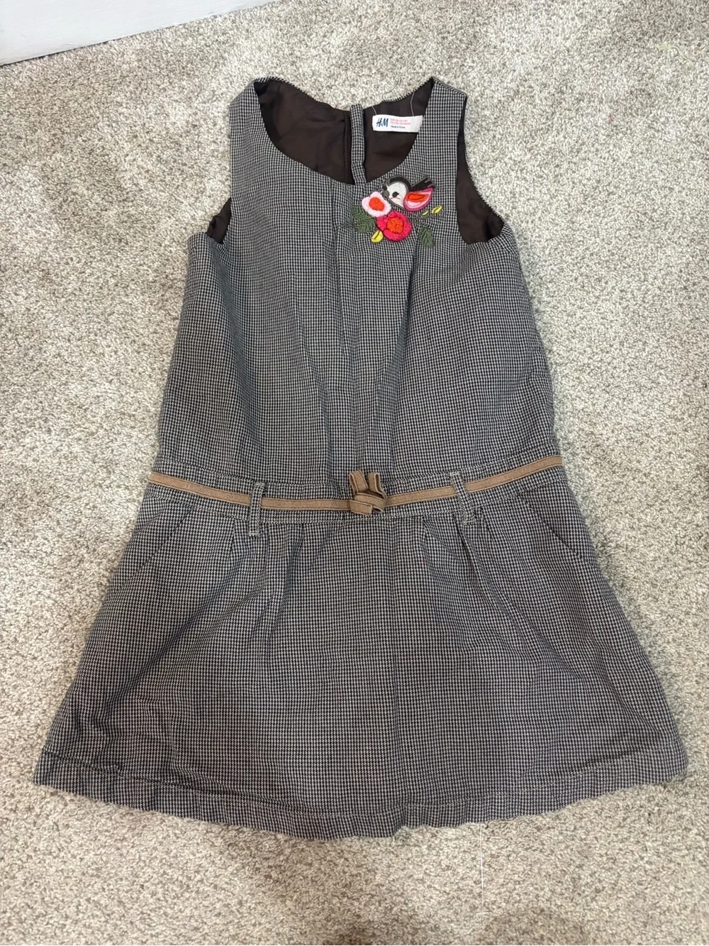 Vintage H&M Girls Brown Wolftooth Cotton Dress Bird Floral Fall Lined 7-8 years